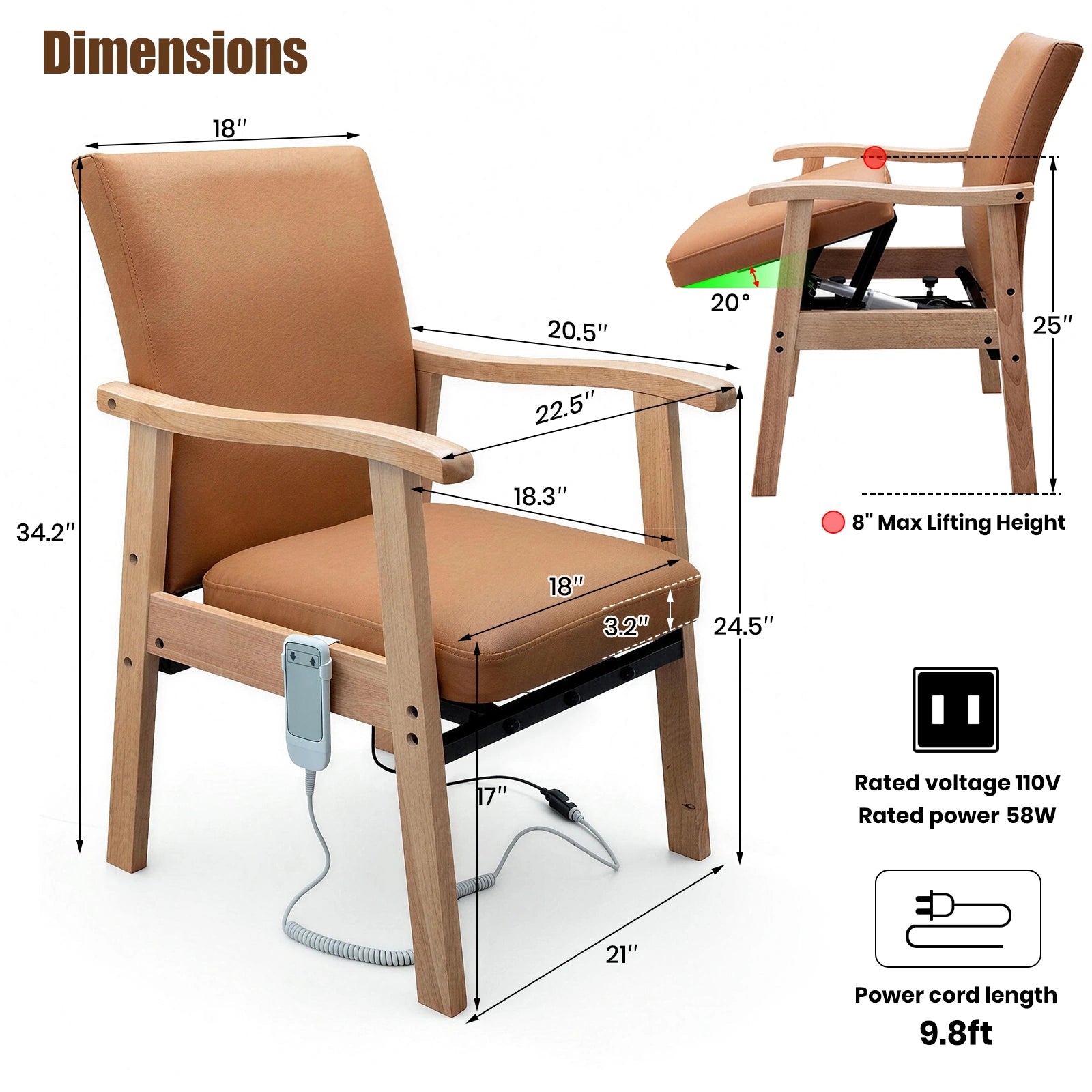 Brown power lift chair dimensions showing seat measurements, 20-degree lift angle, and 8-inch maximum lifting height