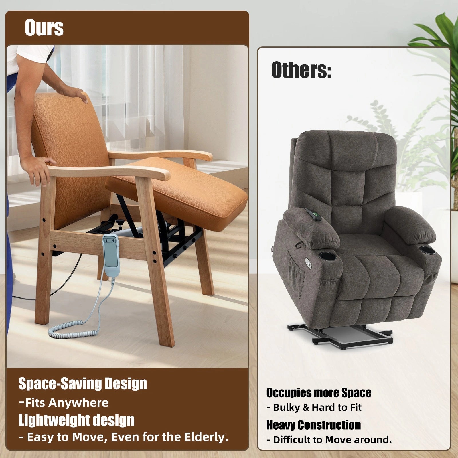 Space-saving brown power lift chair compared with a bulky traditional lift recliner