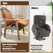 Space-saving brown power lift chair compared with a bulky traditional lift recliner