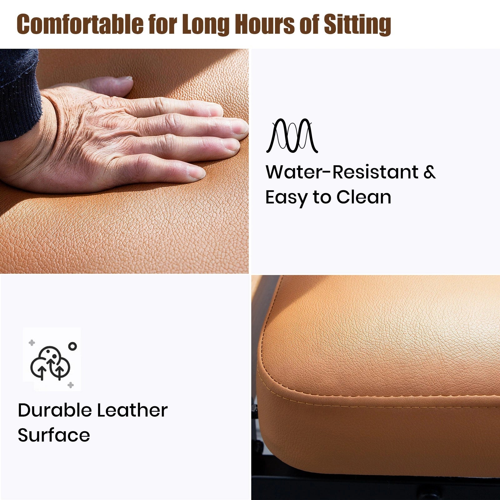 Brown leather power lift chair seat showing water-resistant, easy-to-clean, and durable upholstery
