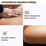 Brown leather power lift chair seat showing water-resistant, easy-to-clean, and durable upholstery