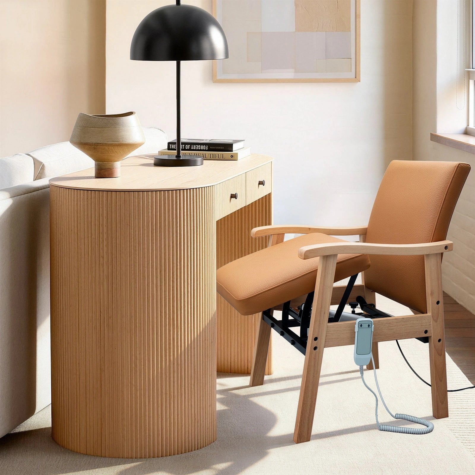 Brown leather power lift chair with wooden frame positioned beside a home desk
