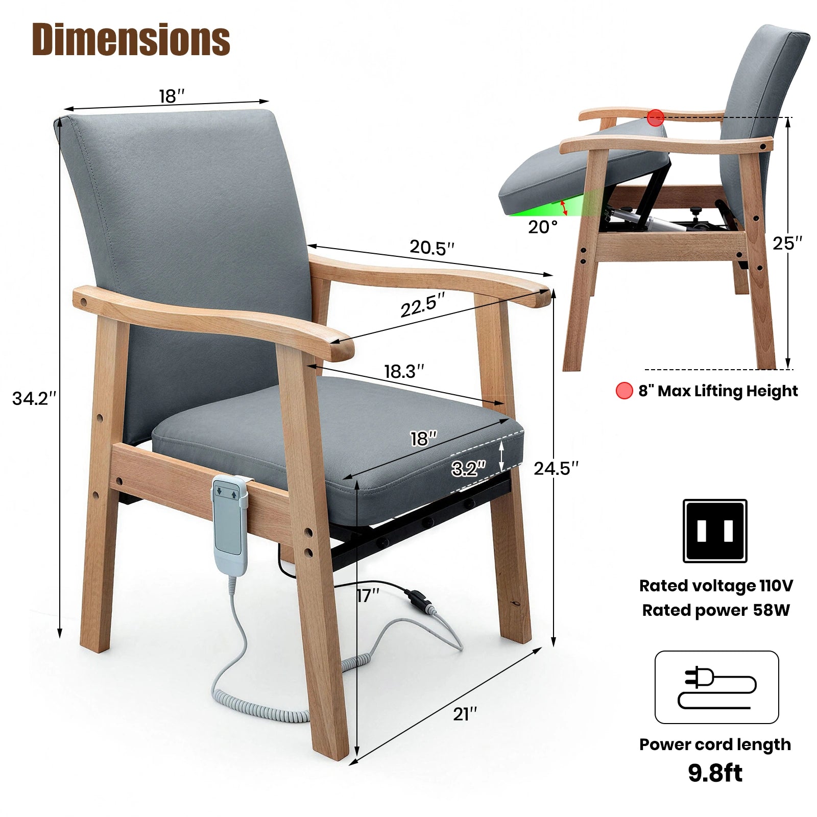 Gray power lift chair dimensions showing seat size, 20-degree lift angle, and 8-inch maximum lifting height