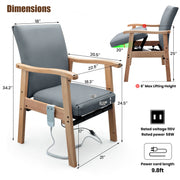 Gray power lift chair dimensions showing seat size, 20-degree lift angle, and 8-inch maximum lifting height
