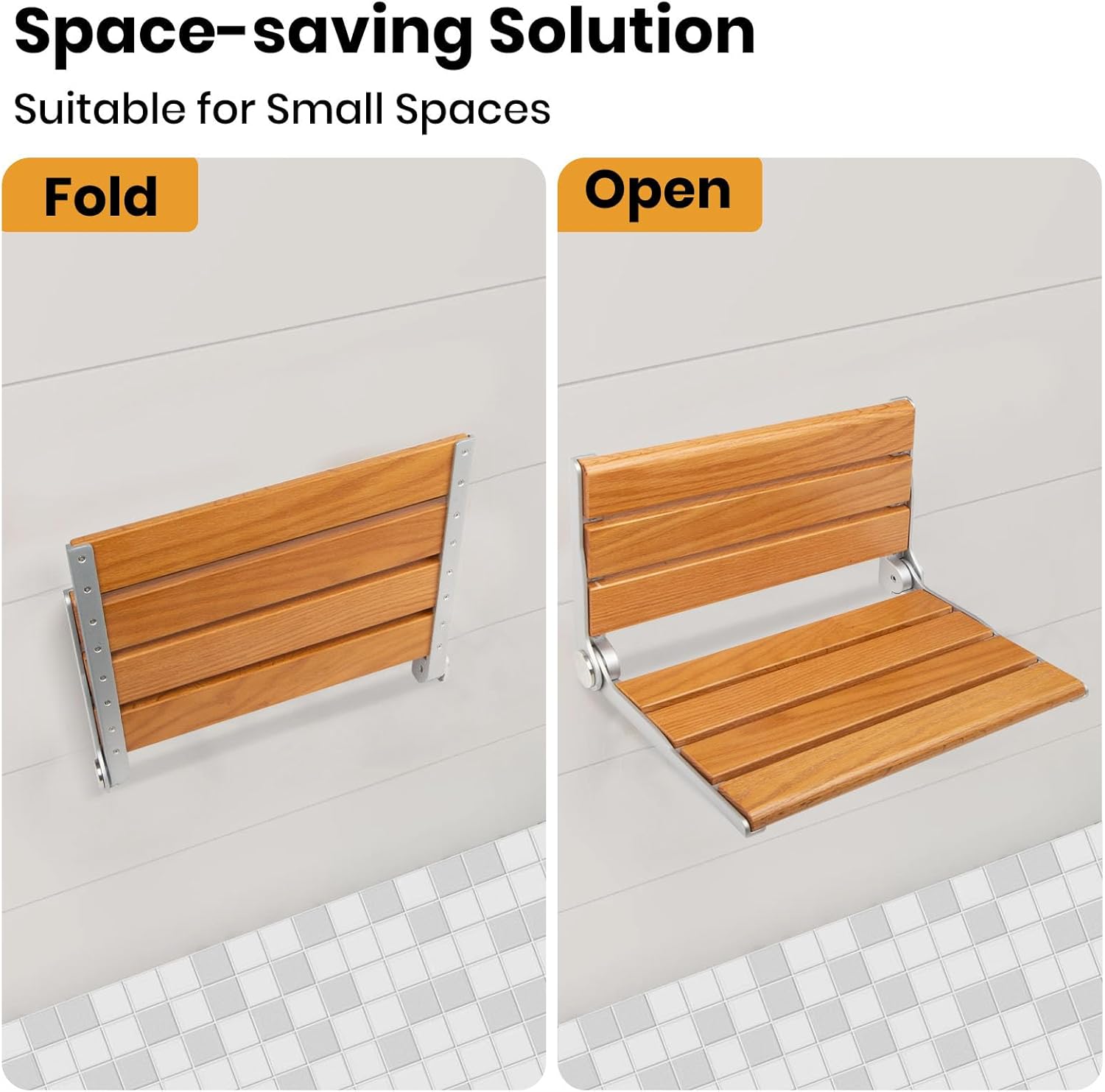 440lb Capacity Folding Oak Shower Seat – 16" Wall Mounted, Stainless Steel, Rust-Proof, LY007