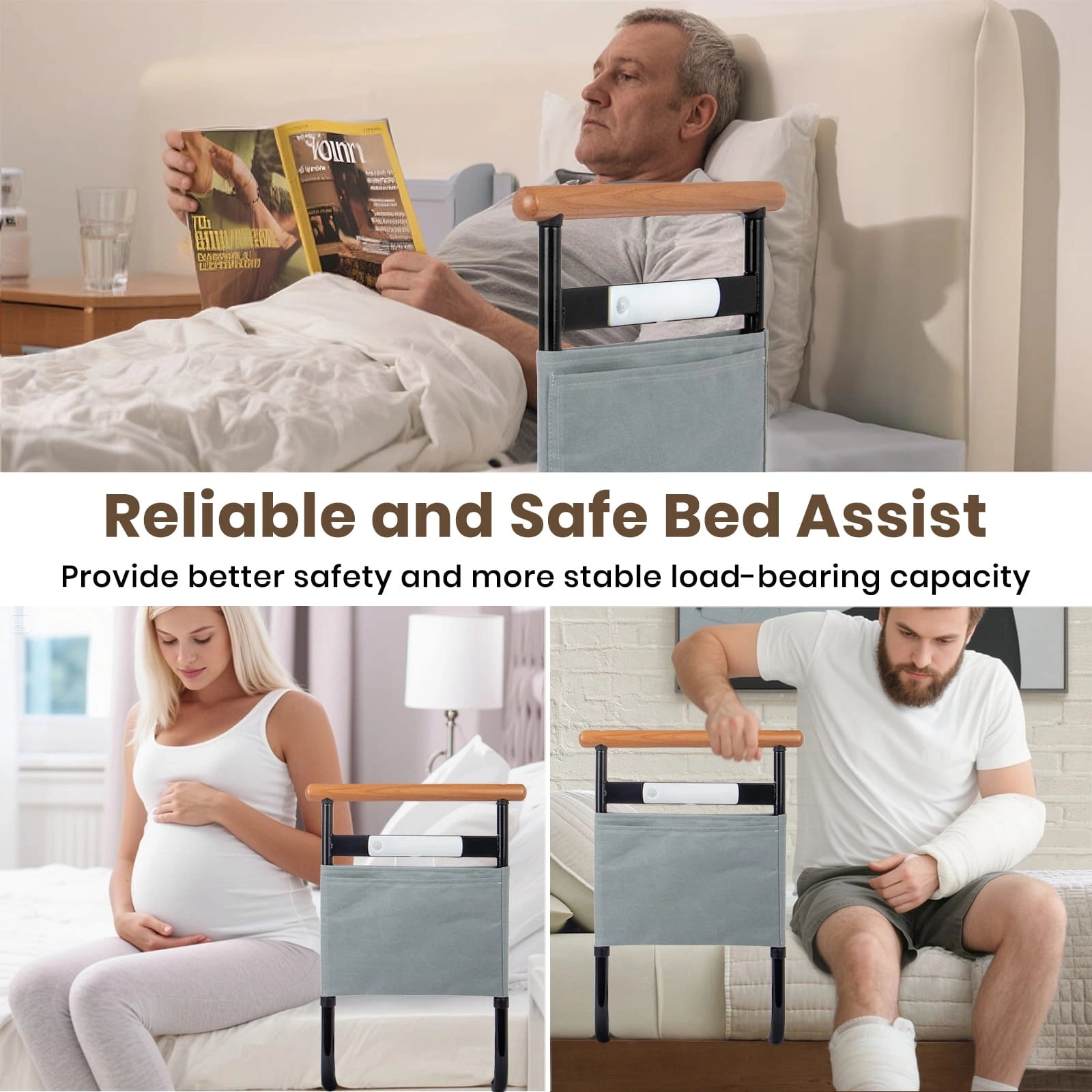 Bed assist rail providing bedside support for seniors, pregnant women, and people recovering from injury