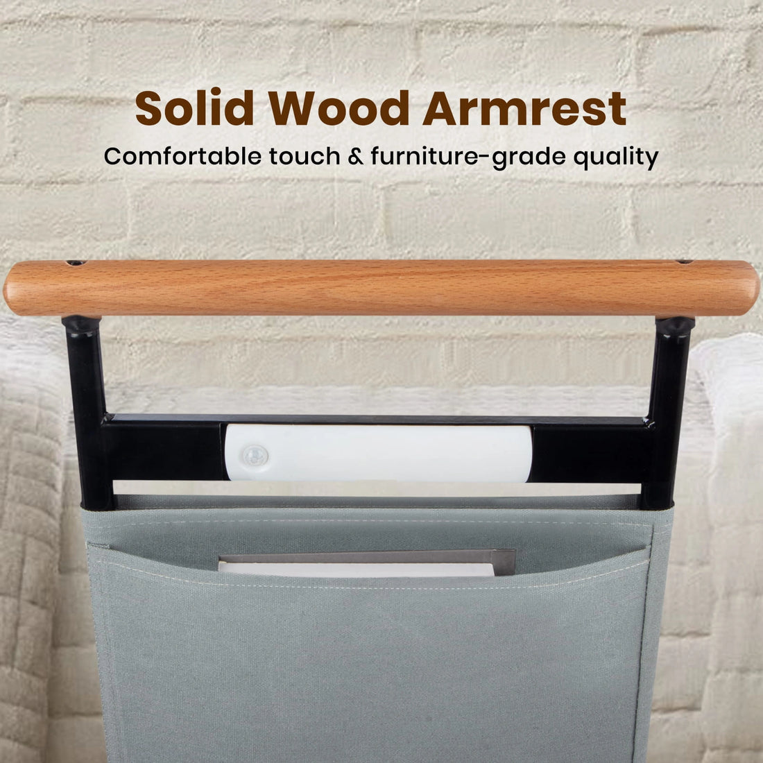 Close-up of solid wood handrail on bed assist rail with built-in safety light and storage pouch