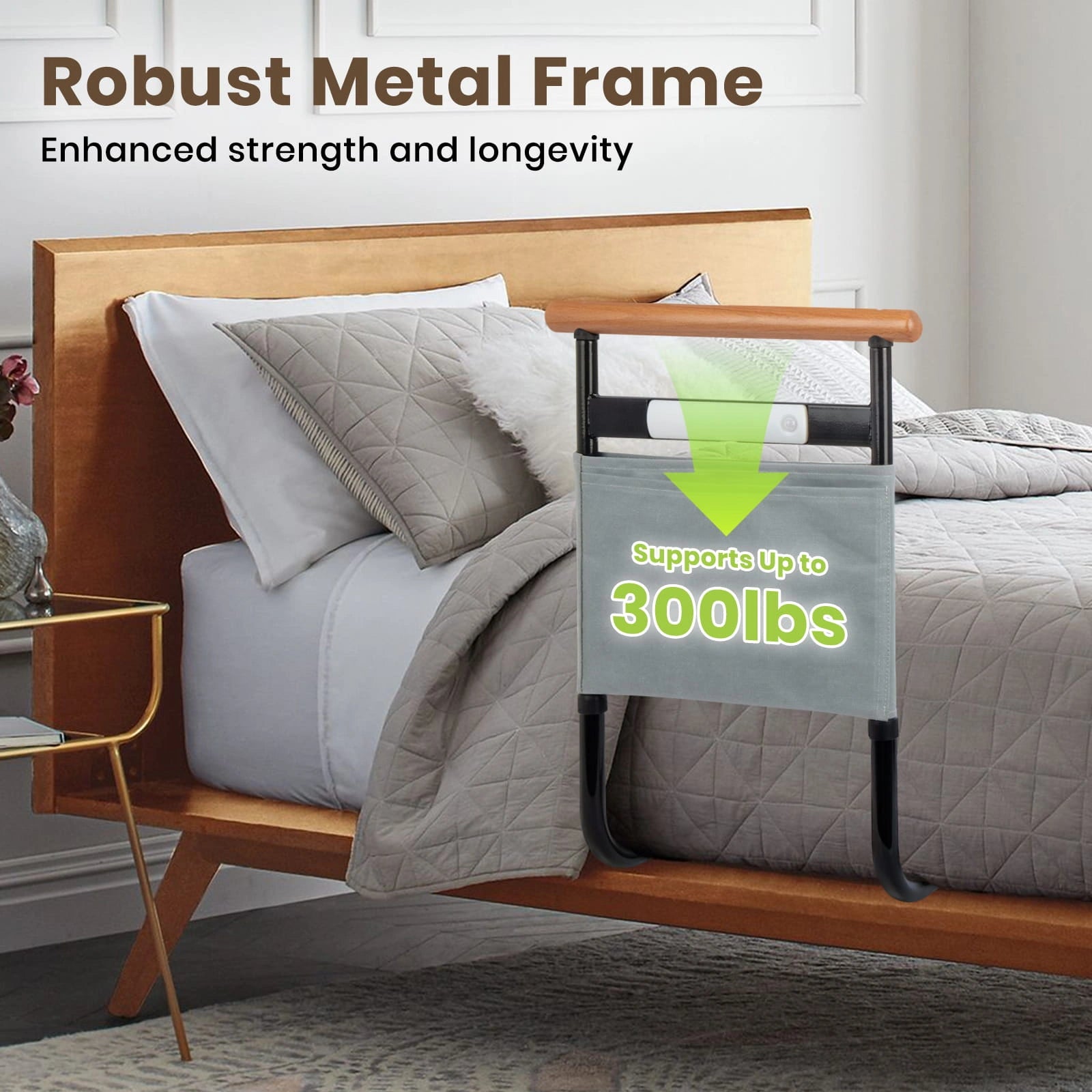 Heavy-duty metal bed assist rail with wooden handle, storage pouch, and 300 lb support capacity