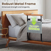 Heavy-duty metal bed assist rail with wooden handle, storage pouch, and 300 lb support capacity