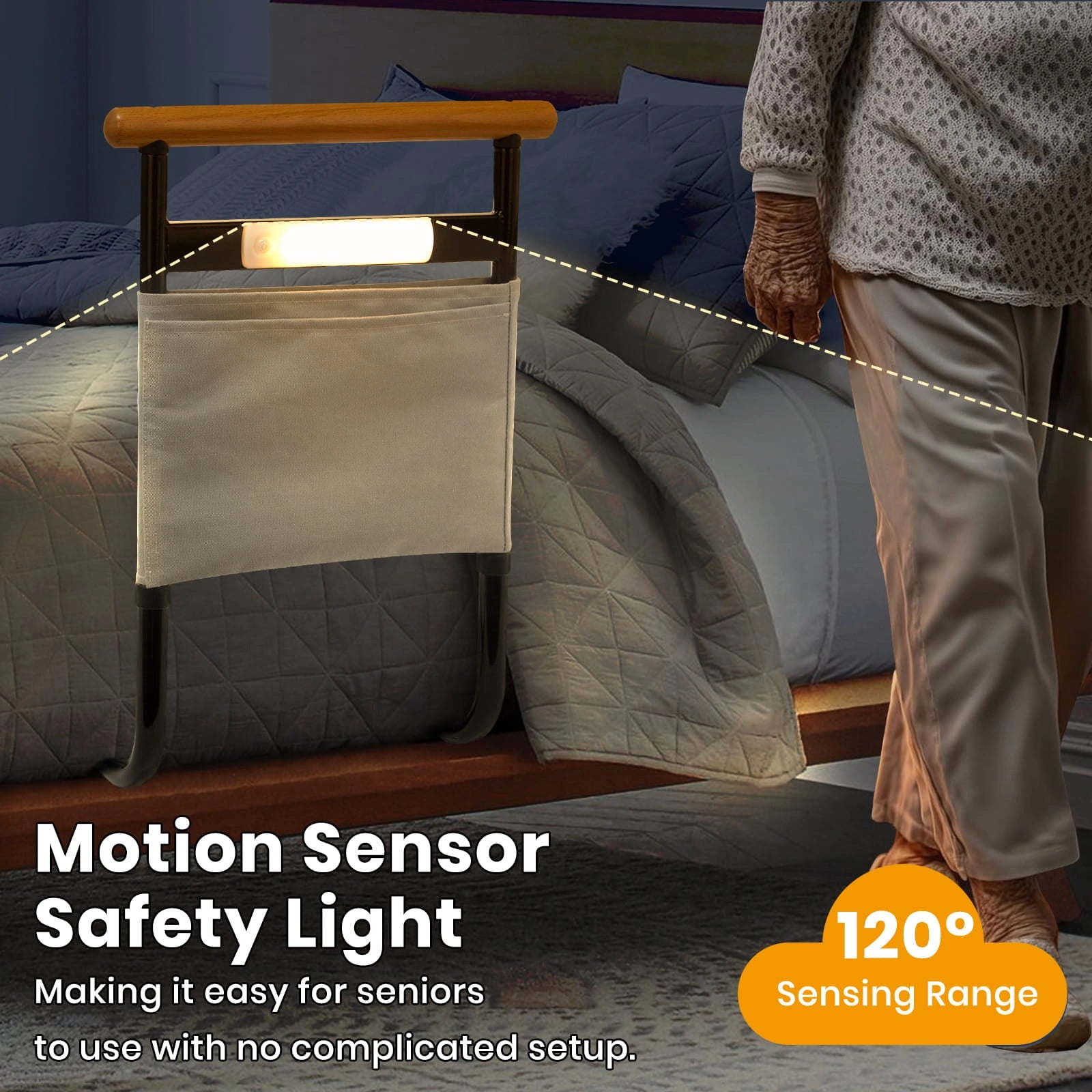 Bed assist rail with motion sensor night light for safer nighttime movement beside the bed