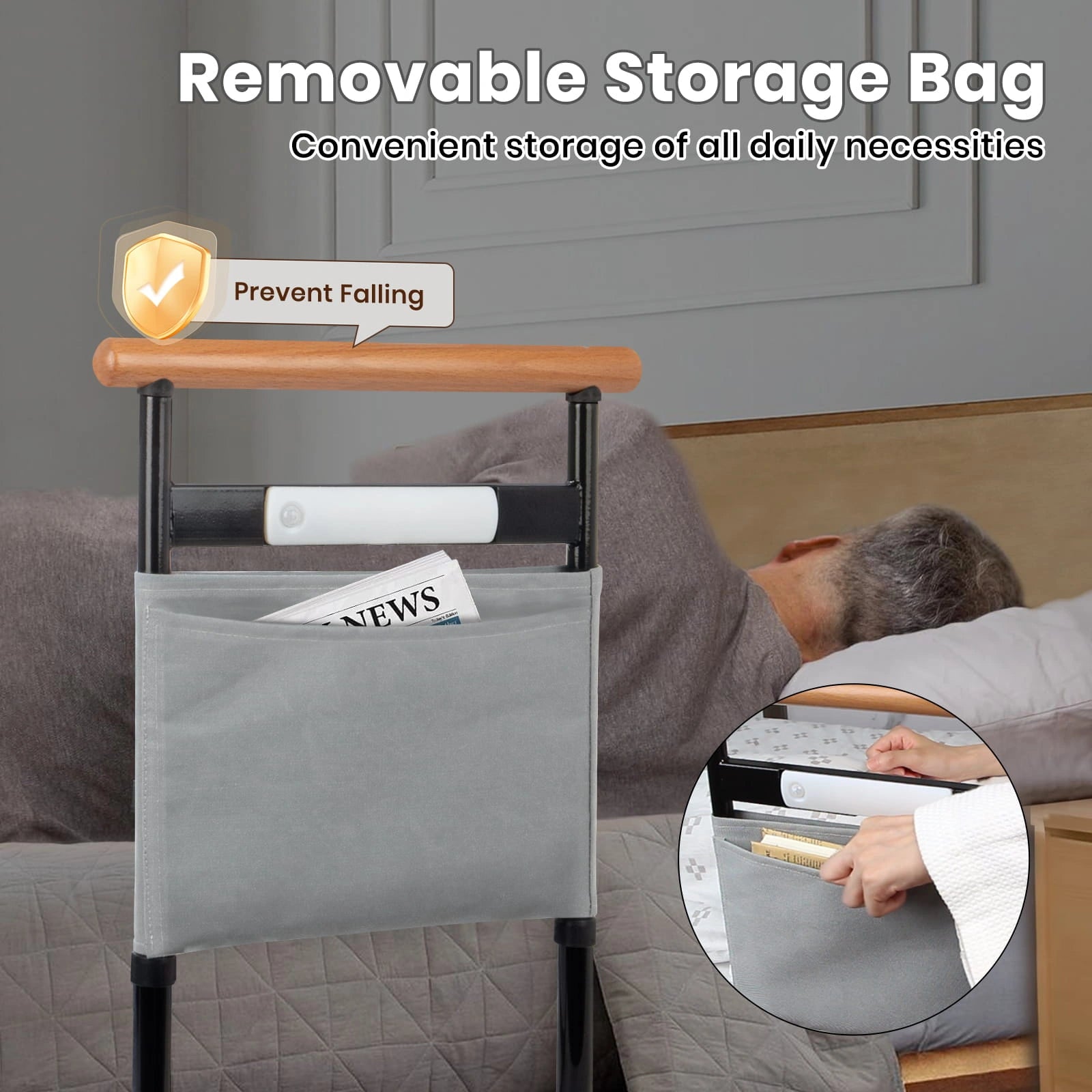 Bed assist rail with removable storage pouch and safety handle for convenient bedside support