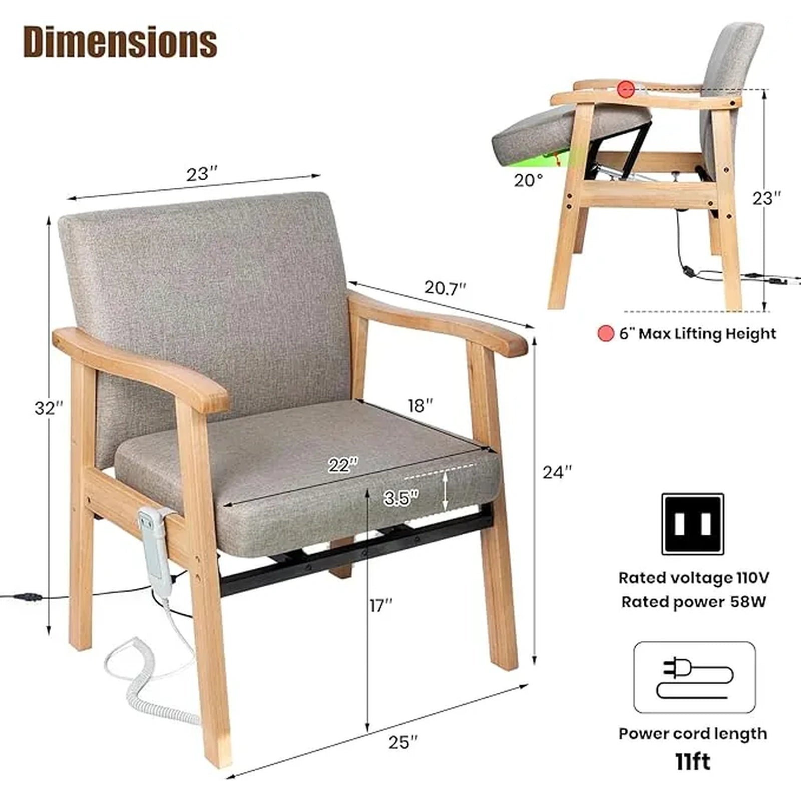Wooden power lift assist chair dimensions with 23-inch back width, 22-inch seat width and 6-inch maximum lifting height