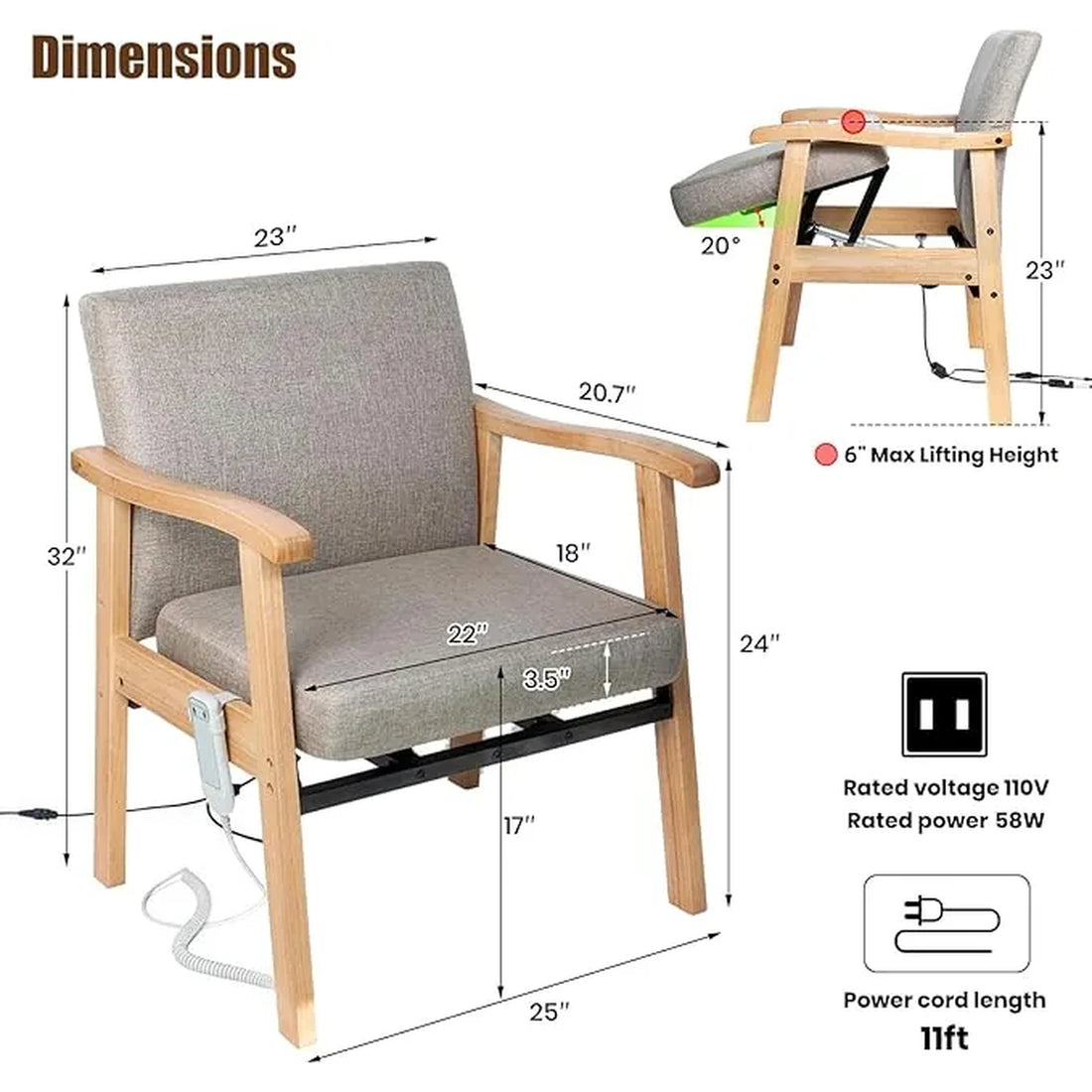 Wooden power lift assist chair dimensions with 23-inch back width, 22-inch seat width and 6-inch maximum lifting height