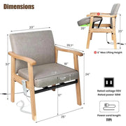 Wooden power lift assist chair dimensions with 23-inch back width, 22-inch seat width and 6-inch maximum lifting height