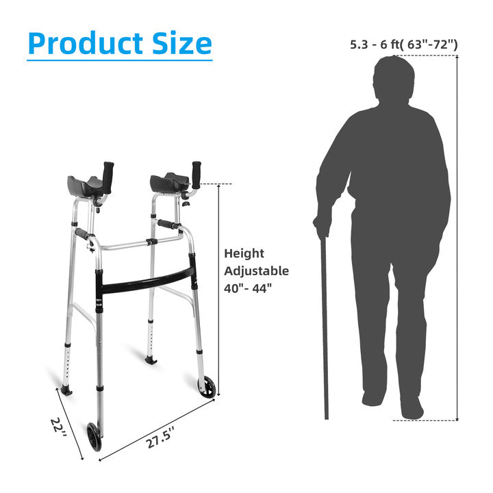 Foldable Stand Up Walker with Armrest Pad Support - 7-Height Adjustable Platform Aluminum Standard Walkers, Handicap