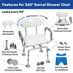 Cold-Proof 360° Swivel Shower Chair with Back And Arms