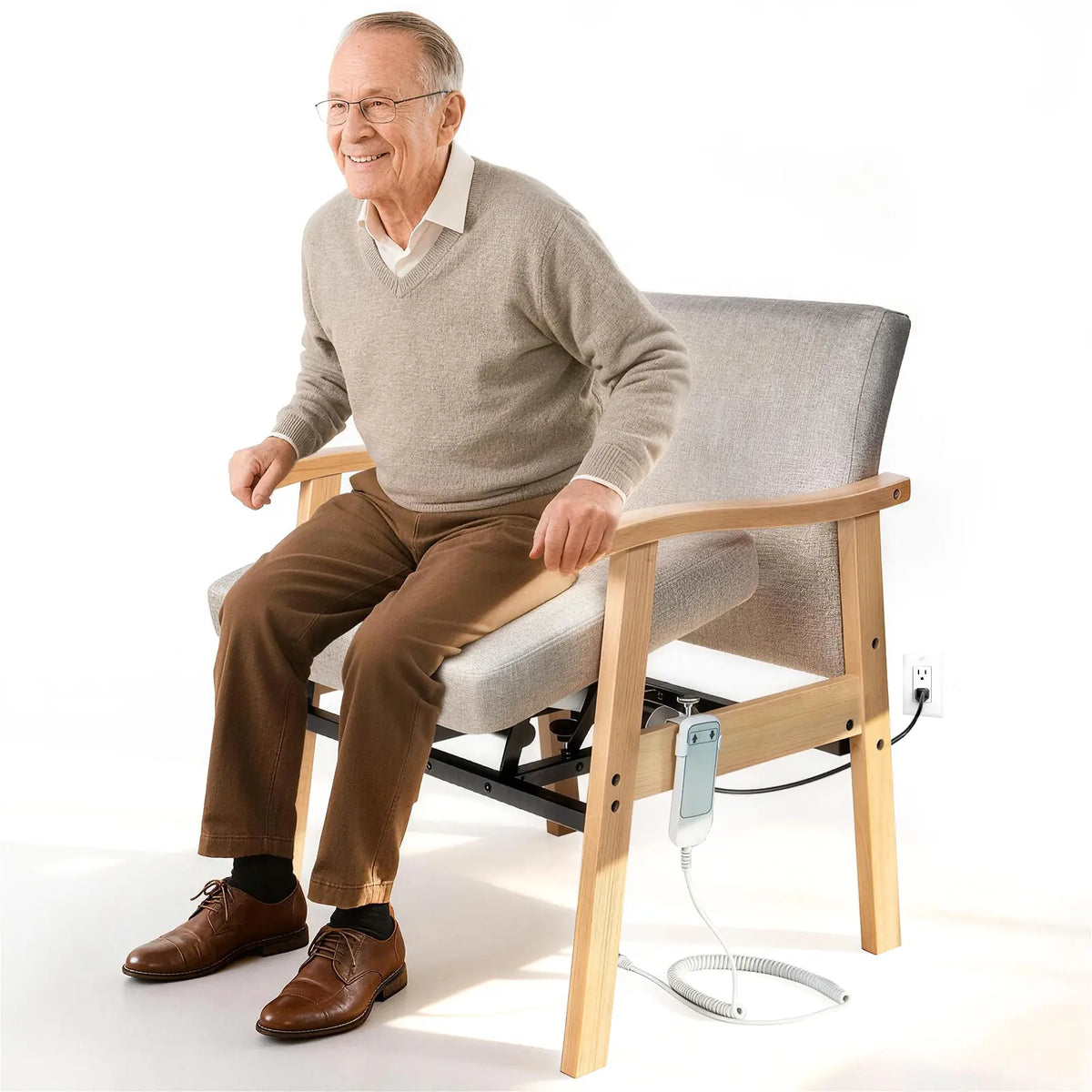 Man sitting on a modern chair with adjustable features on a white background