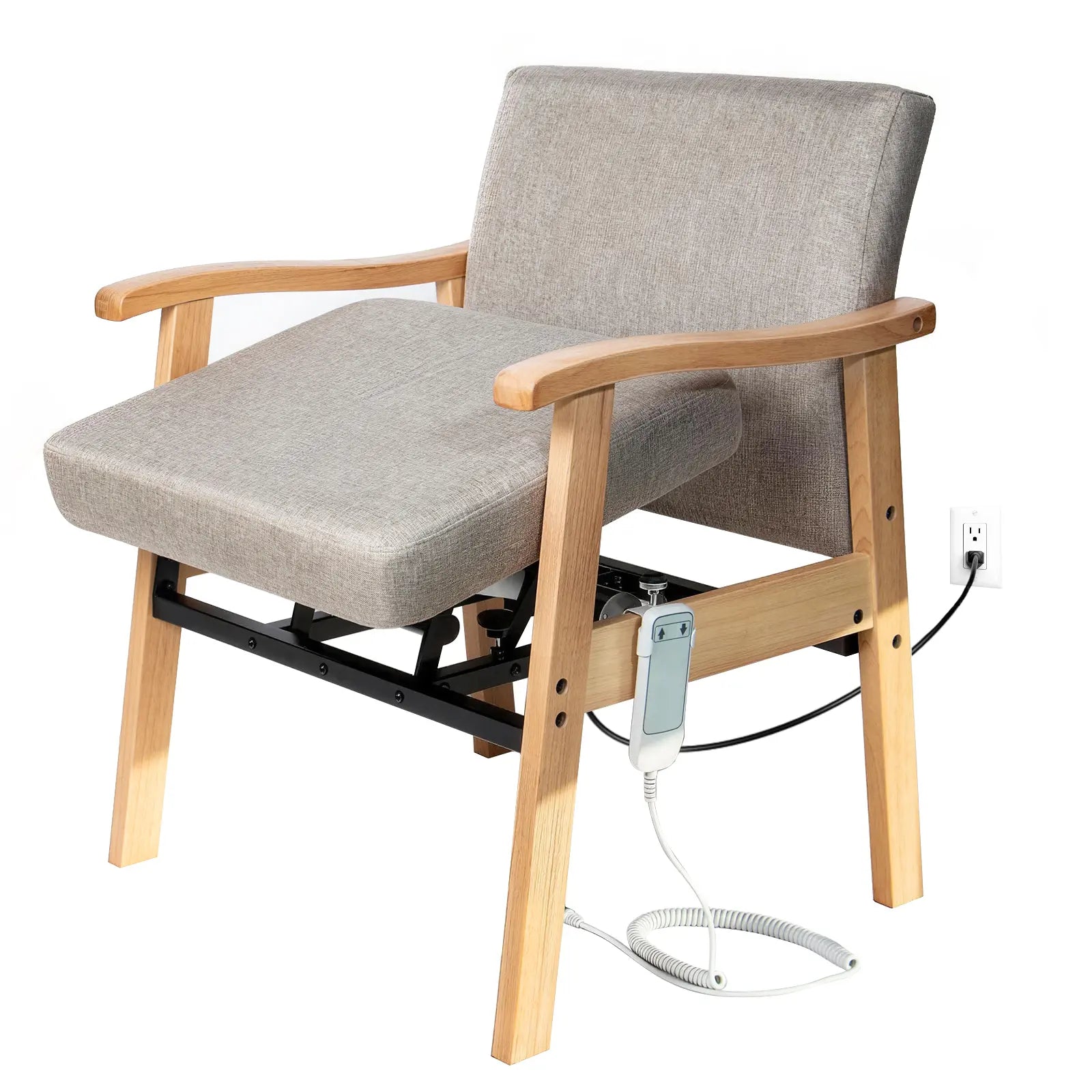 Gray upholstered chair with wooden frame and electrical components on a white background