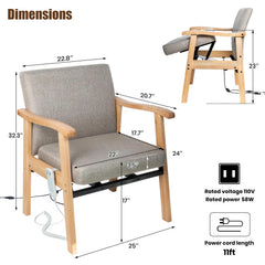 Gray Lift Assist armchair with wooden frame and dimensions labeled on a white background