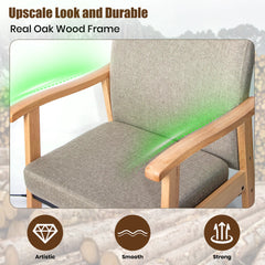 Lidt Assist Chair with gray cushion and wooden frame, featuring text 'Upscale Look and Durable Real Oak Wood Frame'.