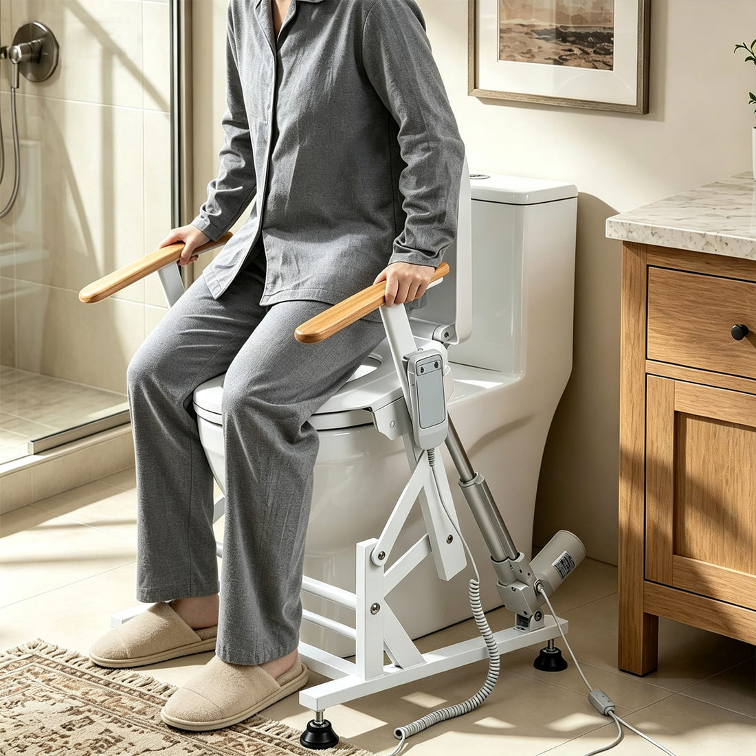 Electric toilet lift seat with wooden arms helping a user sit and stand more easily in the bathroom