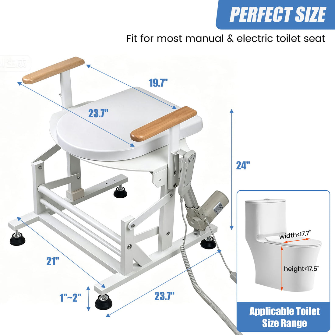 Electric sit-to-stand toilet lift seat dimensions showing toilet fit, frame size, and adjustable foot height