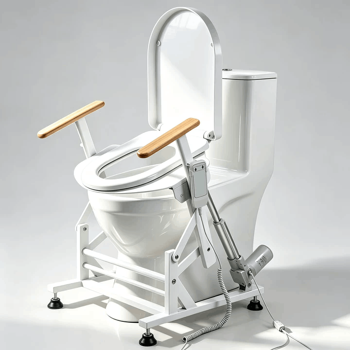 Single-motor electric sit-to-stand toilet lift seat with wooden armrests, support frame, and handheld remote