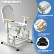 Electric toilet lift seat featuring waterproof motor, wooden armrests, and non-slip rubber feet