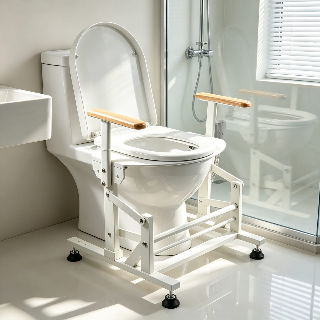 Electric sit-to-stand toilet lift seat with stable support frame and wooden arms beside a walk-in shower