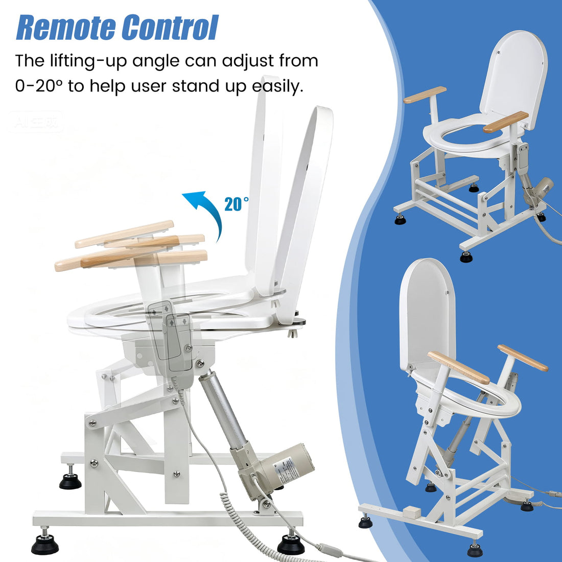 Electric toilet lift seat with remote-controlled lifting angle for assisted sit-to-stand support