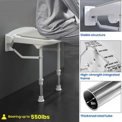 Wall Mount Adjustable Folding Shower Bench Seat with Grab Bar