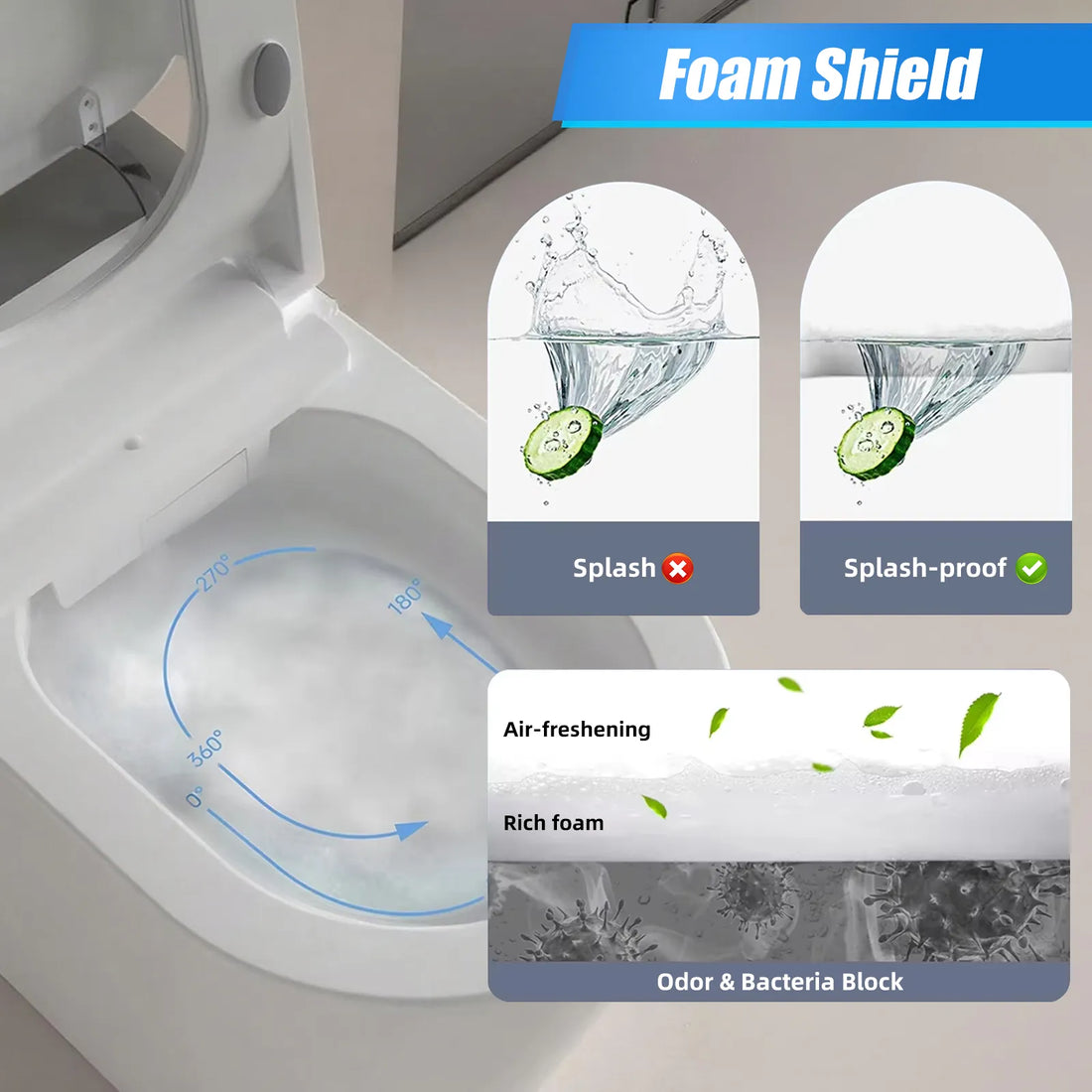 Smart toilet foam shield designed to reduce splashing, freshen air and help block odors