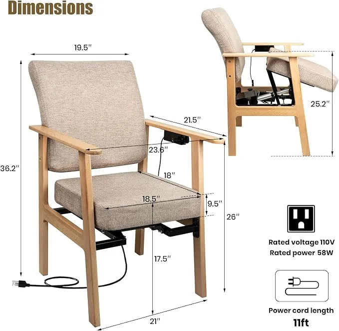 Wooden power lift assist chair dimensions with 19.5-inch back width, 18.5-inch seat width and 6-inch lifting height