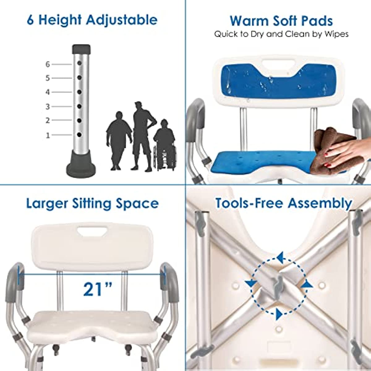 Height Adjustable Shower Chair, Cold-proof Pads, Weight Capacity 330lbs