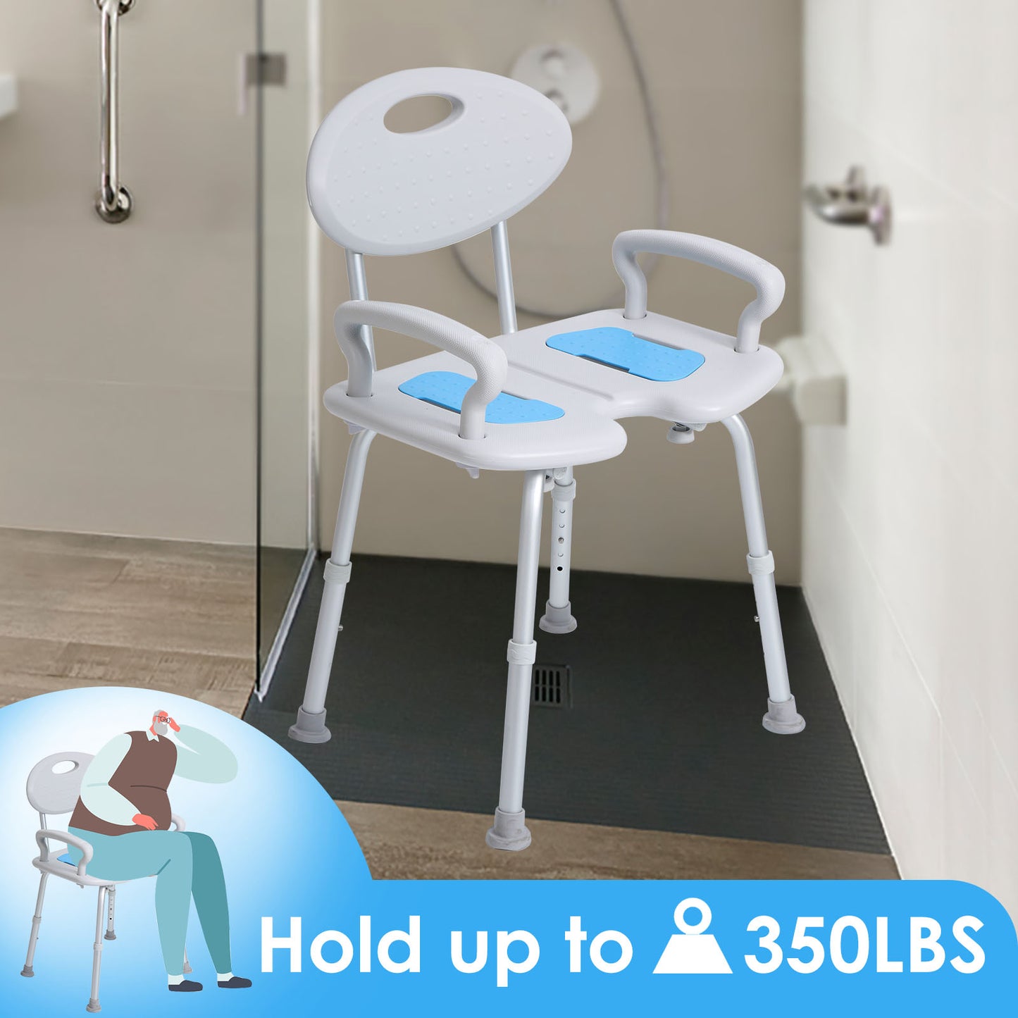 Widened Shower Seat, Height Adjustable, Heavy Duty 350lbs Weight Capacity